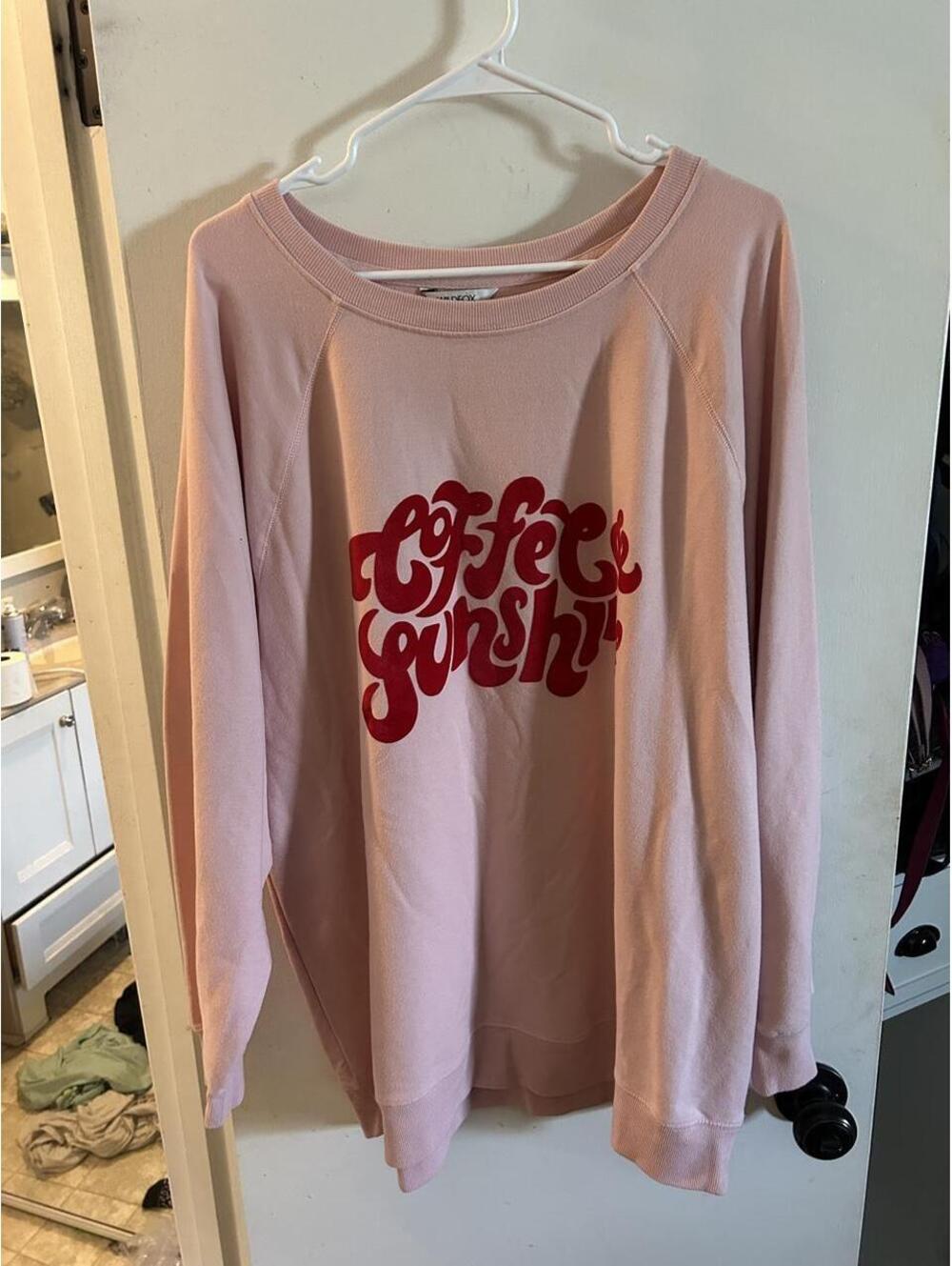 Wildfox pink sweatshirt with red 'coffee & sunshine' graphic, size XL